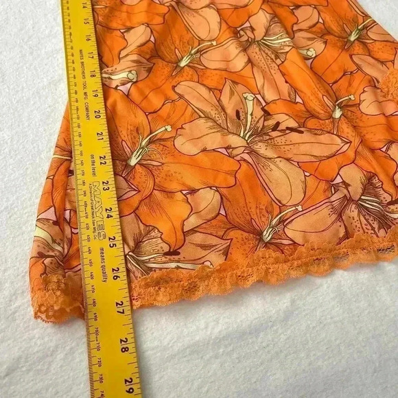 Slip Dress Size S Orange Floral Lace Y2K Fairy Sexy Mini Side Slit Mesh Sheer - Picture 7 of 9